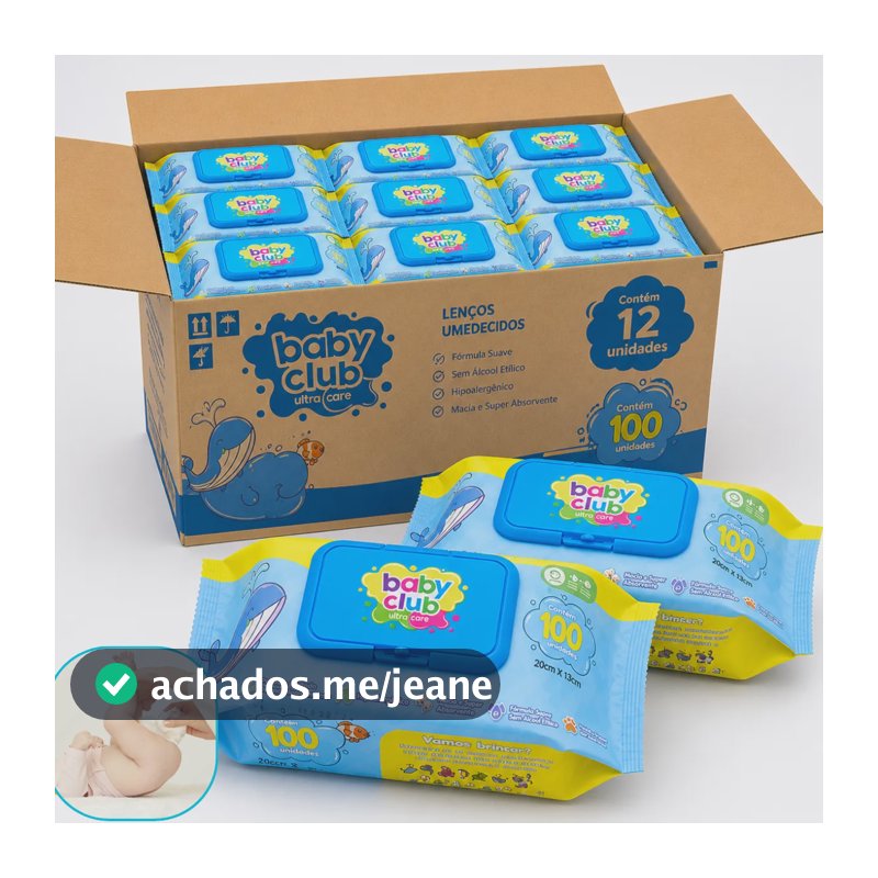 Kit 1200 Lenço Umedecido Baby Club Aloe Vera Caixa C/12 Pack