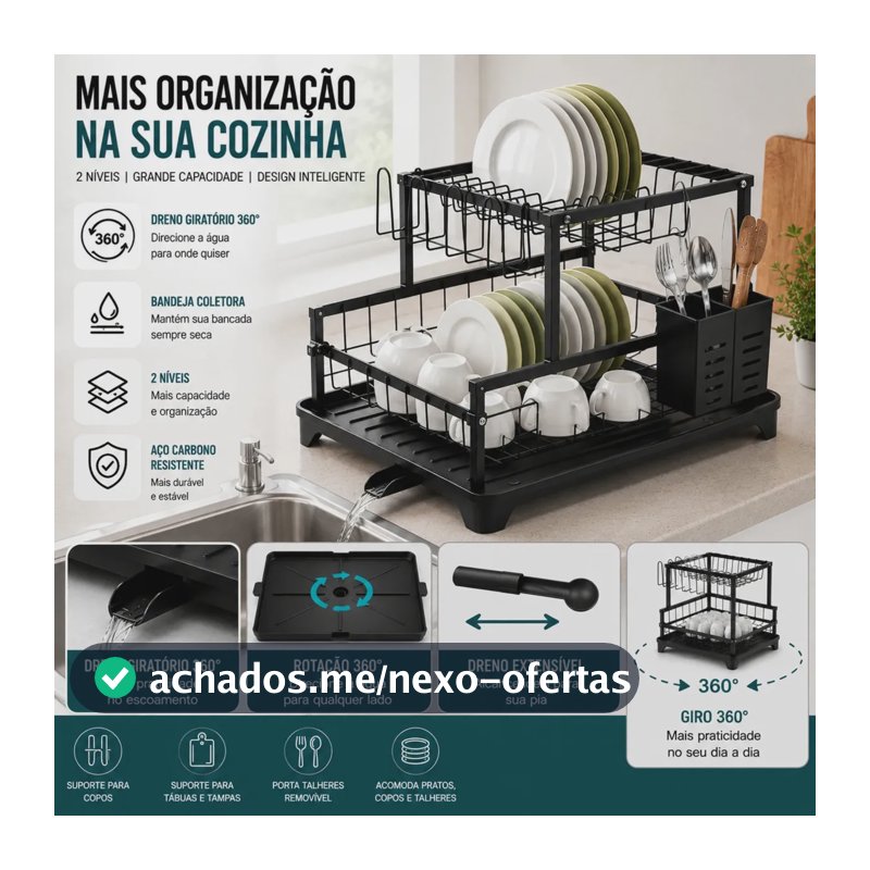 Escorredor de Louça Inox 2 Andares Preto para 16 Pratos com Bandeja e Bico Giratório 360º