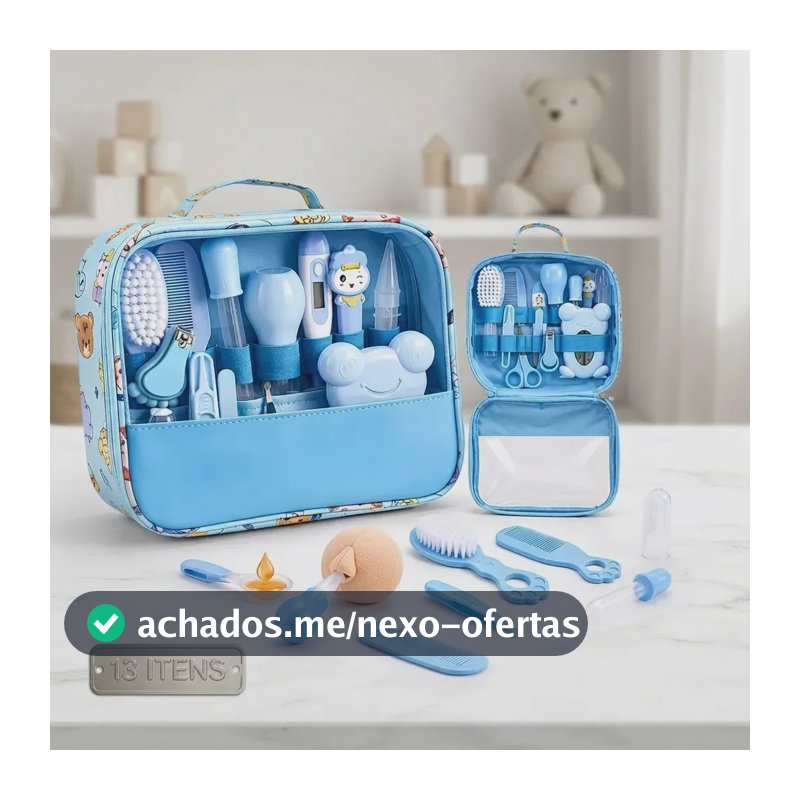 Kit Higiene Bebê Completo Azul Bolsa Maternidade Termômetro Digital Escova Pente Cortador Unha Aspirador Nasal Cuidados Recém Nascido Enxoval Acessórios Higiene Infantil