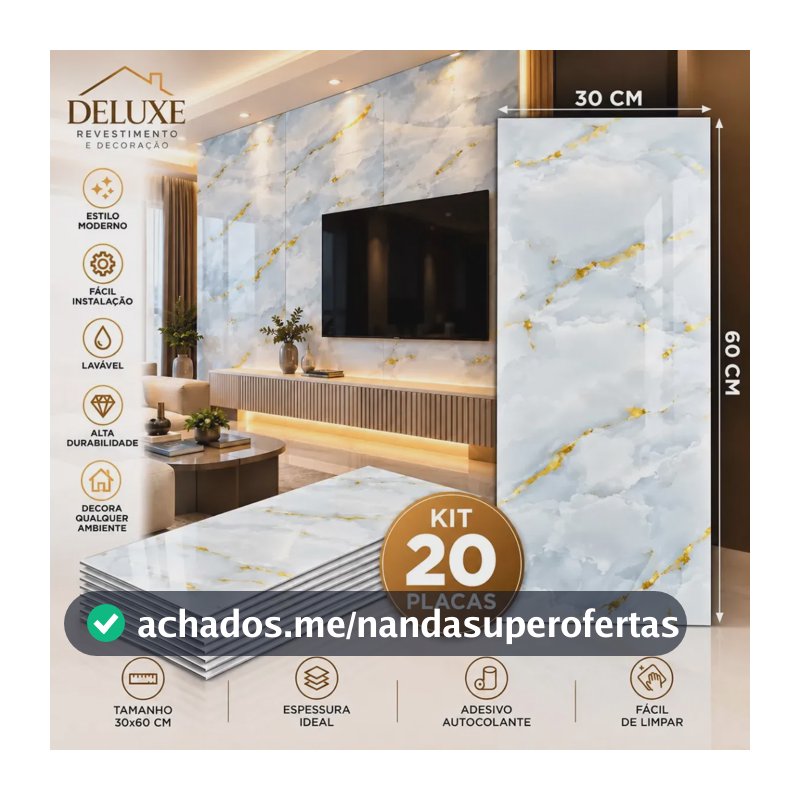 Kit 20 Placas Adesiva Mármore 3d Auto Colante Parede 30x60cm lavável