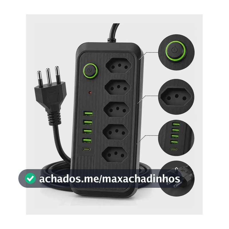 Filtro De Linha Extensão Régua Elétrica Bivolt Usb Tipo C Preto 127/220v