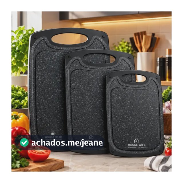 Kit com 3 Tábuas de Corte Retangulares de Polipropileno Antiderrapante Preto para Legumes e Churrasco