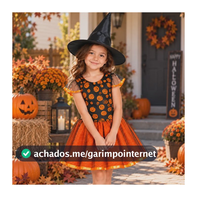 Fantasia Bruxa Vestido Luxo Roupa Infantil Criança + Chapéu Laranja Abóbora Terror Gg (veste 9-11 Anos) Carnaval Dia Das Crianças
