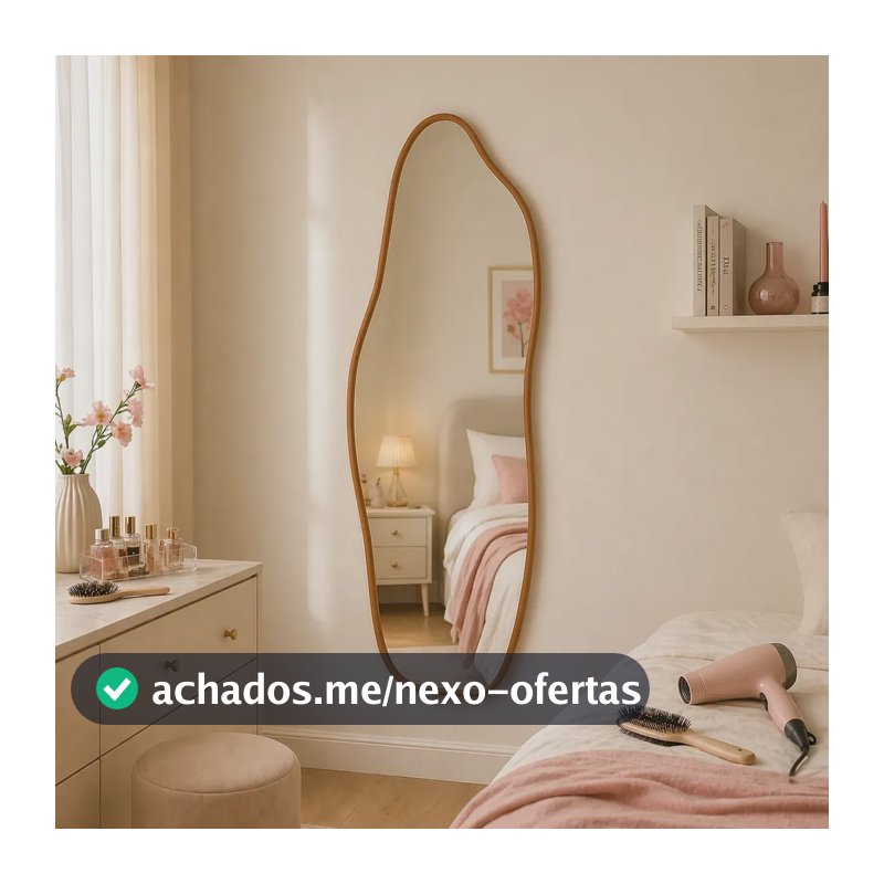 Espelho Orgânico 70x30cm Moldura De Couro Caramelo Decorativos Sala Premium Luxo Closet Corpo Inteiro Para Quarto Sala Camarim Hall Moderno Reforçado Prime Vmex