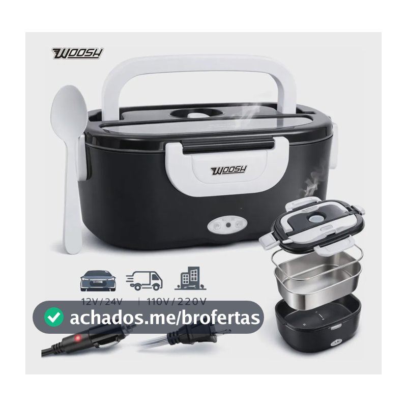 Marmita Elétrica Preta Bivolt Portátil Doméstica 110/220v Veicular 12/24v Lancheira 1.5l Com Divisórias Esquenta Rápido Refeições Práticas Trabalho Casa Carro Caminhão Viagem Faculdade Woosh