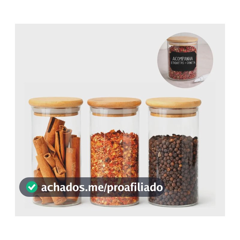 Kit Com 3 Potes Herméticos De Vidro Com Tampa Bambu 300ml