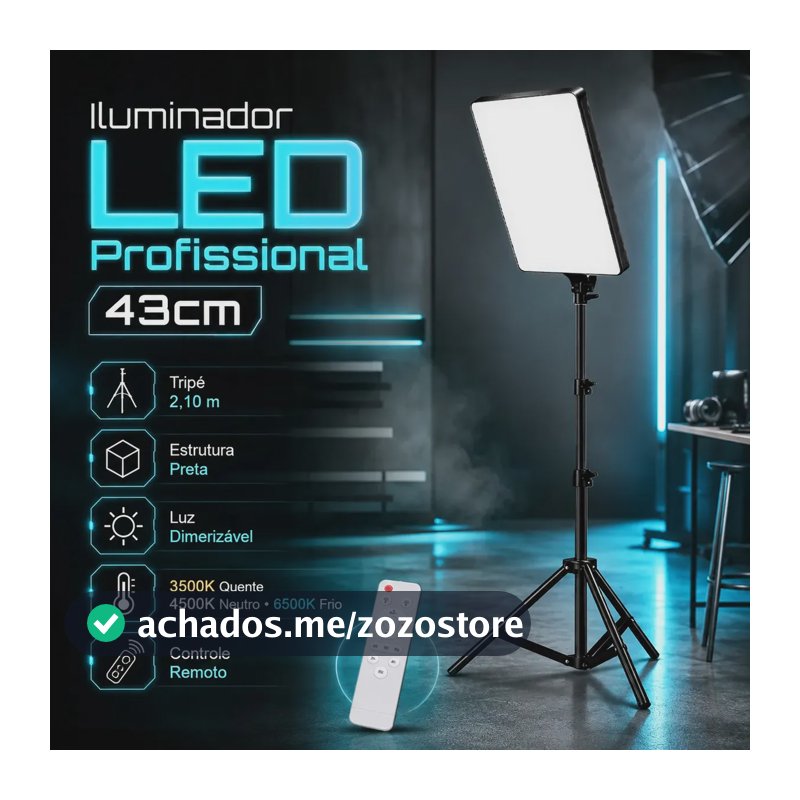 Iluminador LED Profissional Quadrado Lumi Para Fotos e Vídeos, Com Tripé de 2,10m e Luz Ajustável