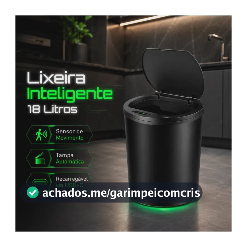 Lixeira Inteligente Sensor Automático 18 Litros Redonda Preta Tampa Touchless Recarregável USB Anti Odor Ideal para Cozinha Banheiro