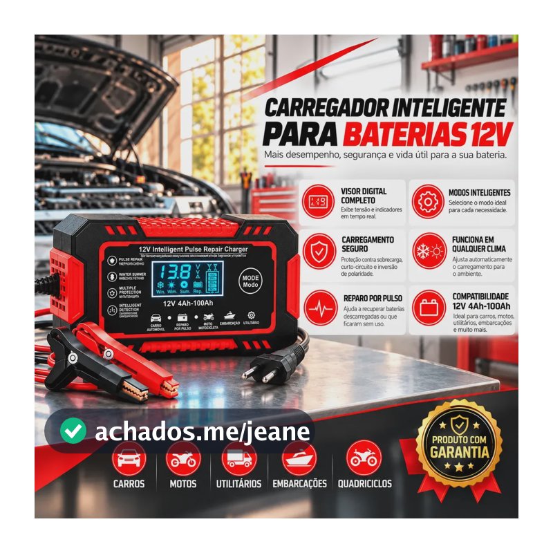 Carregador de Bateria 12V Inteligente Bivolt para Carro, Moto e Caminhão com Reparo e Display Digital
