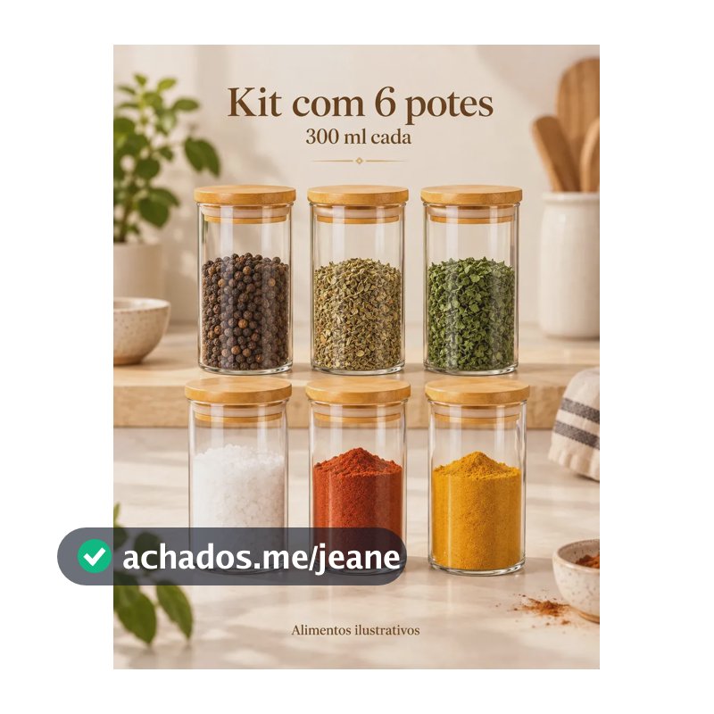 Kit 6 Pote Tampa De Bambu 300ml Hermético Vidro Borossilicato Porta Temperos Mantimentos Alimentos Redondo Cor Transparente Bravli