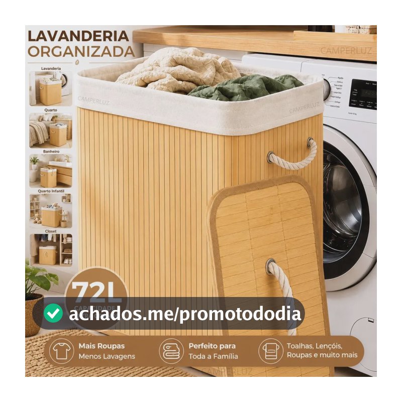 Cesto Organizador De Roupa Bambu Dobrável Retangular Com Tampa Forro e Alças 72 Litros Grande Capacidade Reforçado Caixa Organizadora para Brinquedos - Marca Macater