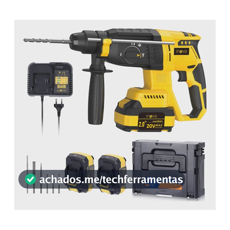Martelete Perfurador Rompedor Inova Cases Sem Fio Com Motor Brushless e 2 Baterias de 20V