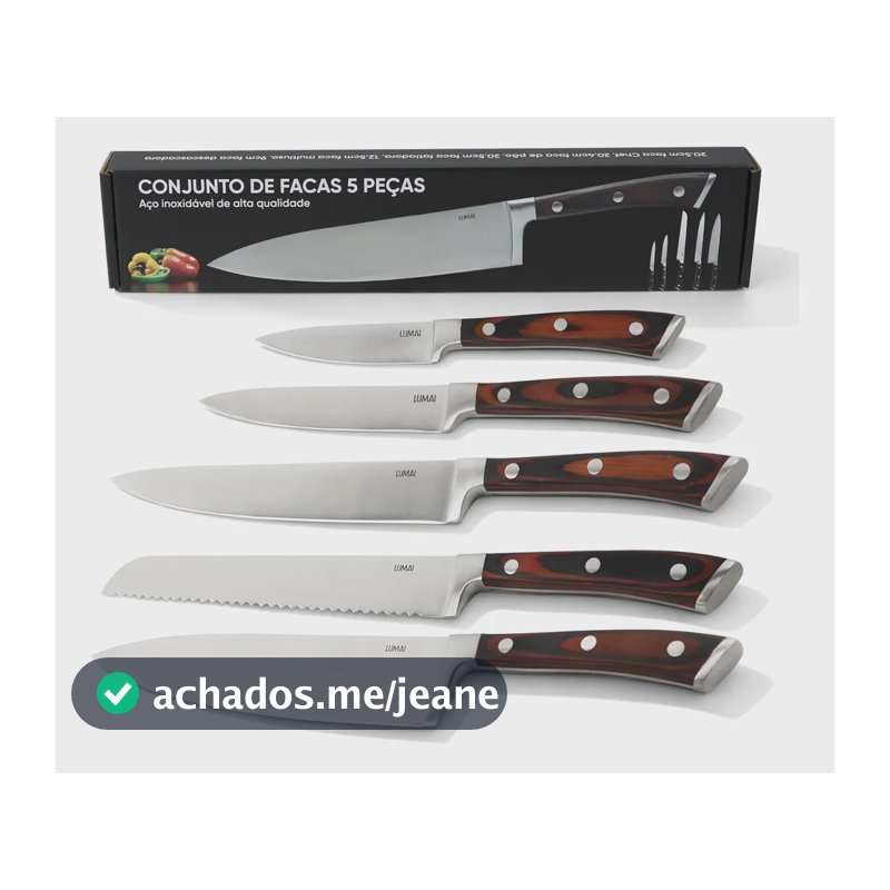 LUMAI Kit Jogo de Facas para Cozinha Atenas Edição Limitada 5 Peças em Aço Inox - Chef, Pão, Fatiadora, Multiuso e Descascadora - Cabos de Madeira com 3 Rebites para Carnes, Legumes, Frutas e Pães