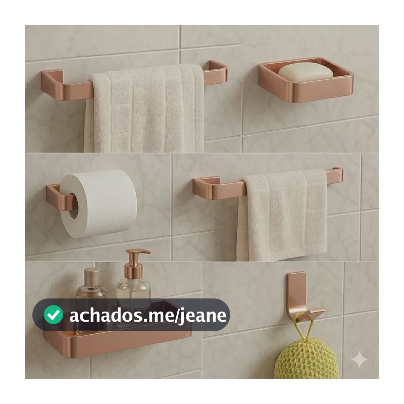 Kit Acessórios Para Banheiro Lavabo Gobi Brasil Cabide Toalheiros Papeleira 6 Peças Quadrado Aço Inoxidavel Premium - Rose