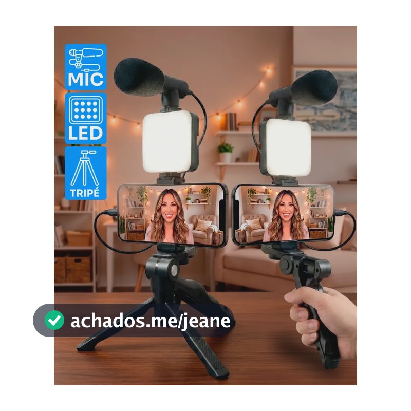 Kit de Gravação Youtuber Tiktoker Video Maker Estabilizador Com Microfone Tripé Led Vlog Profissional Para Celular iPhone/android Luz Led Para Gravação E Fotos Cor Preto - Good Vision