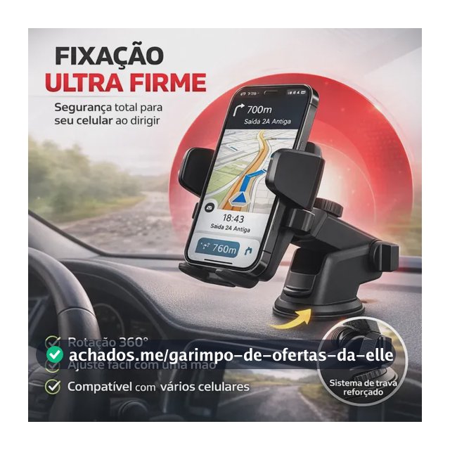Suporte de Celular Veicular Automotivo 360º Universal Ajustável com Ventosa Gruda no Painel Vidro Parabrisa para GPS Encaixe Giratório Articulado com Trava Automática Anti Queda para Carro Caminhão