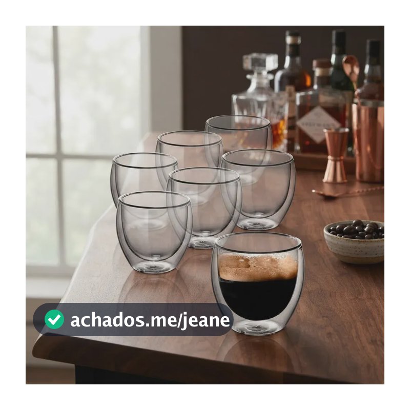 Kit 6 Copos Vidro Borossilicato Parede Dupla 250ml Expresso Transparente Para Café Expresso Bebidas Quentes e Mesa Posta