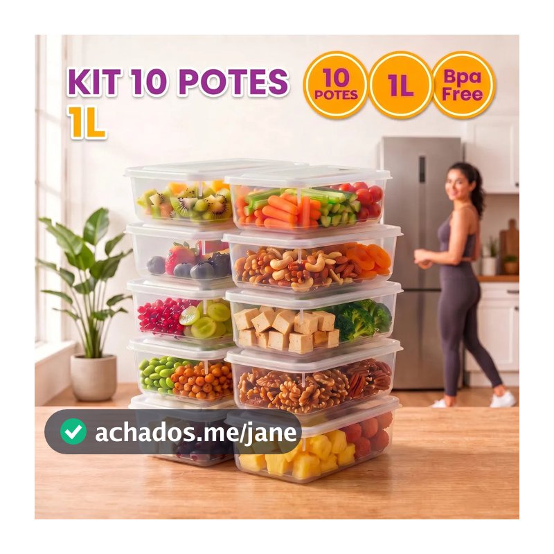 Kit 10 Potes 1 Litro Transparente Marmita Fitness Bpa Free Tampa Hermética Reutilizável Micro E Freezer Mantimentos ponte lar utilidades