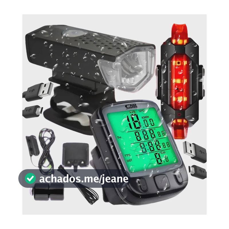 Kit Bike Farol Lanterna Recarregável E Velocimetro Noturno Preto