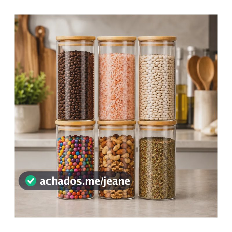 Kit 06 Potes De Mantimentos Herméticos 300ml Pote Redondo De Vidro Tampa De Bambu