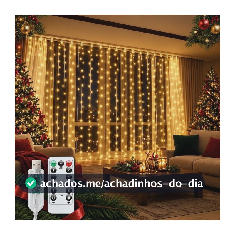 Cortina 3x3m Pisca Pisca 300 Leds Bivolt Decoração De Natal Branco Quente 127/220v