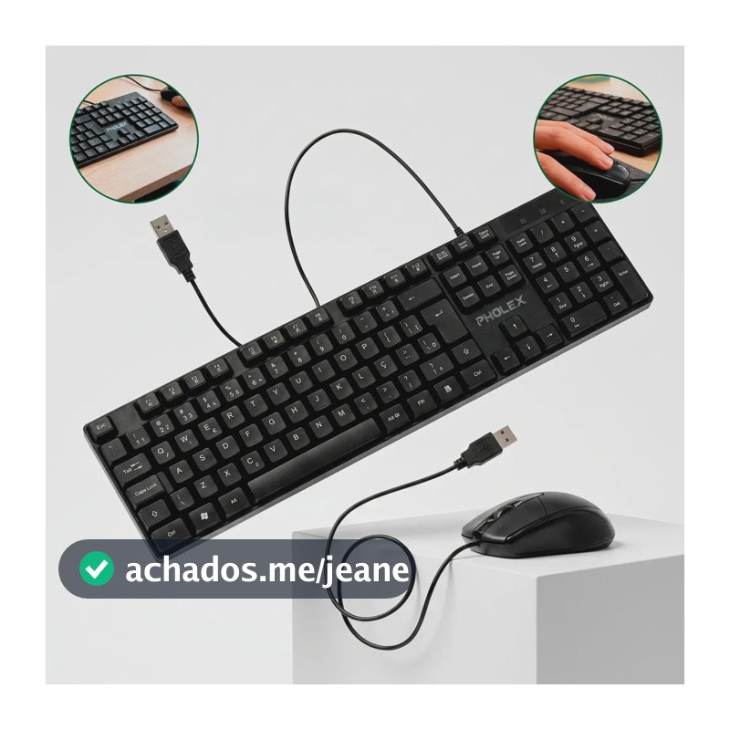 Kit Teclado E Mouse Óptico Usb Com Fio Abnt2 Pc E Notebook Pholex