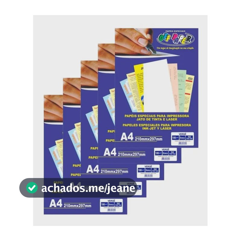 Papel Vergê A4 Branco 180g Off Paper 250 Folhas Pacote 5 Unidades