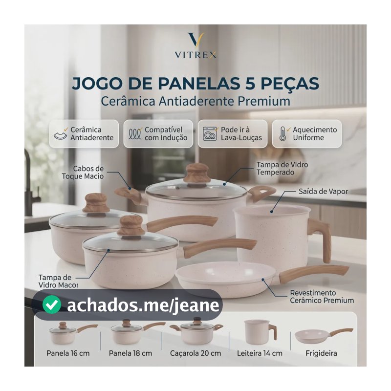 Jogo De Panelas Cerâmico Triplo Indução Vitrex Ecoglid 5 Peças Cor Baunilha