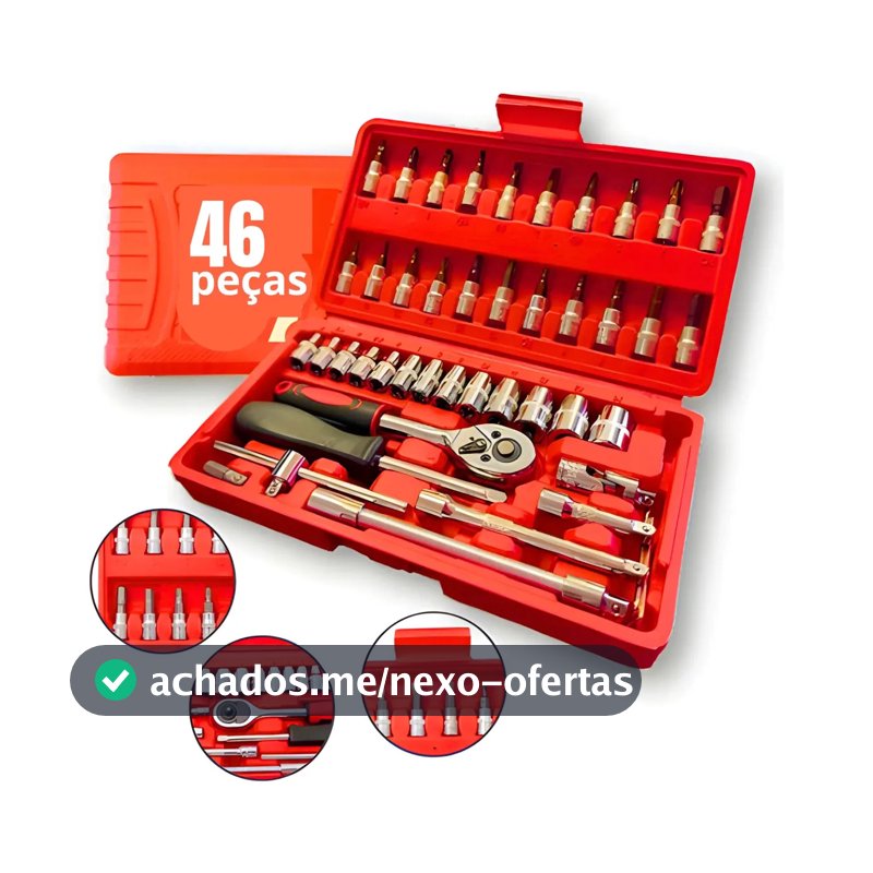 Kit Profissional 46 Peças Aço CRV Completo Com Maleta Soquete 1/4 Chave Catraca Para Carro Moto Casa