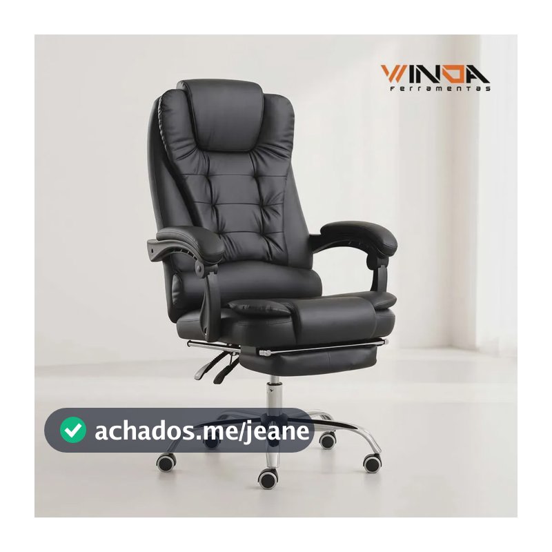 Cadeira Presidente Escritorio Preta Cadeira Giratoria 360° Reclinável 150° com Apoio de Pernas e Revestimento em Couro Sintético WINDA