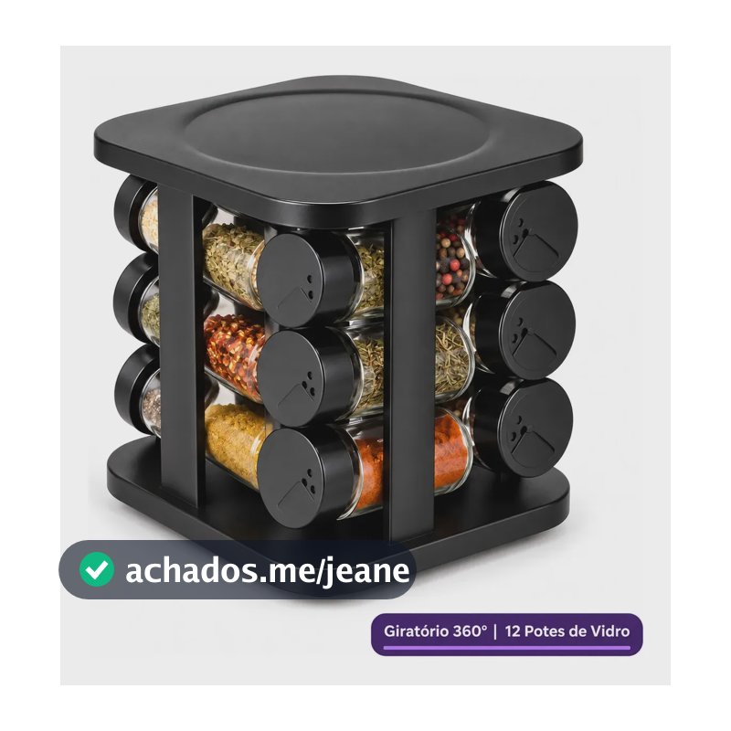 Porta Temperos Giratório Preto 12 Potes de Vidro 85ml - Organizador para Cozinha - Condimentos e Especiarias UTILIVERY UTILIDADES