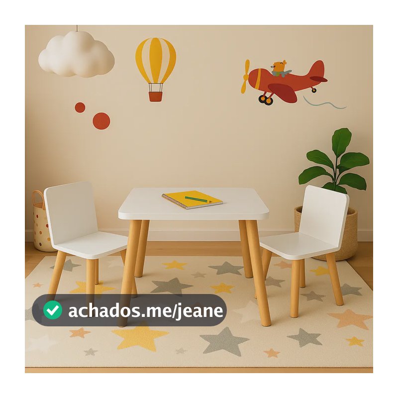 Mesa Infantil Tampo 100% Mdf 60cm Pés Madeira 2 Cadeirinhas