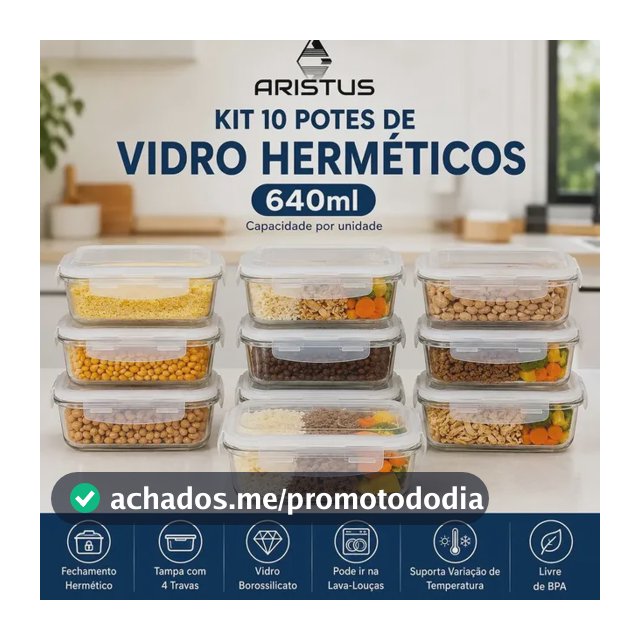 Kit 10 Potes Vidro Hermético Aristus 640ml Marmita Anti Vazamento Forno Micro-ondas Freezer Tampa 4 Travas - Branco