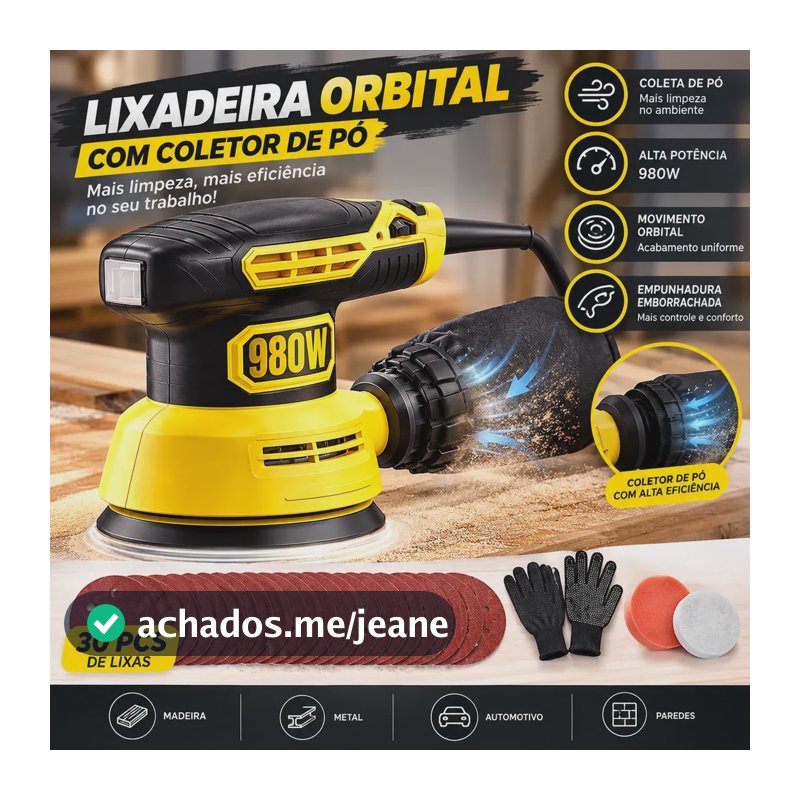 Lixadeira Orbital 980w Profissional De 18000rpm C/ 15 Lixas 127v Amarelo