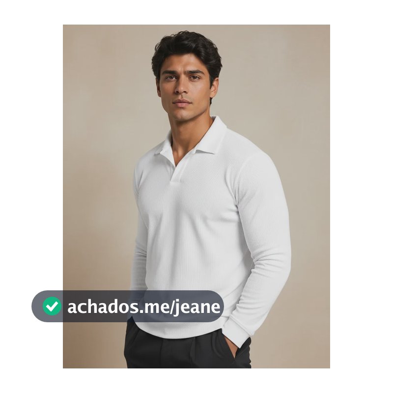 Camisa Polo Masculina Manga Longa Canelada Sem Botão Branco Liso P