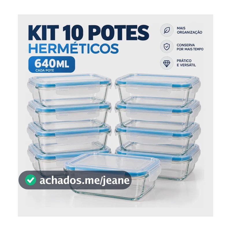 Kit 10 Pote Hermético Vidro Retangular 640ml Cozinha Azul-claro