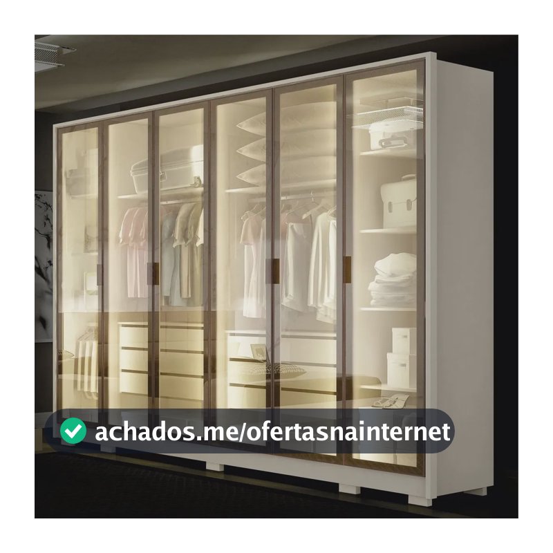 Guarda-roupa Casal 6 Portas Reflectas Com Led 6 Gavetas Mdf Off White