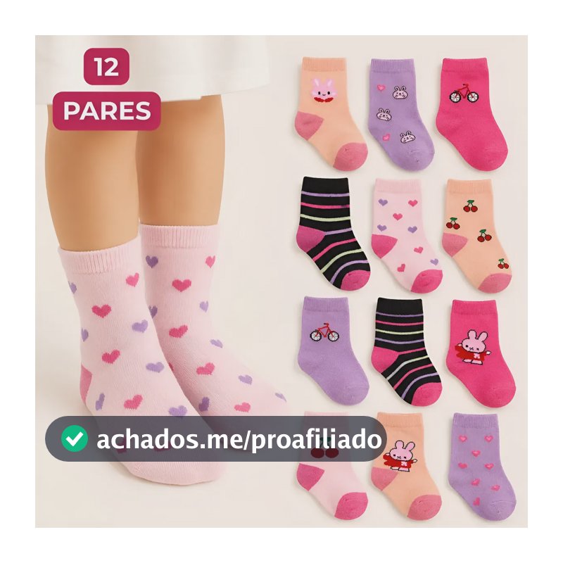 Kit 12 Pares Meias Infantil Cano Alto Premium Macia C/ Nfe Menina Sortidas 2 A 4 Anos