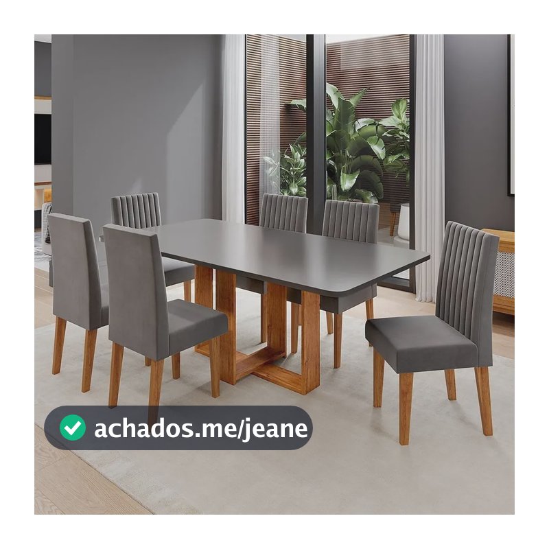 Conjunto Sala De Jantar 6 Lugares Retangular Tampo De Mdf Mel/cinza