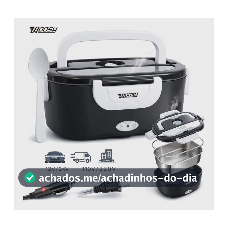 Marmita Elétrica Preta Bivolt Portátil Doméstica 110/220v Veicular 12/24v Lancheira 1.5l Com Divisórias Esquenta Rápido Refeições Práticas Trabalho Casa Carro Caminhão Viagem Faculdade Woosh