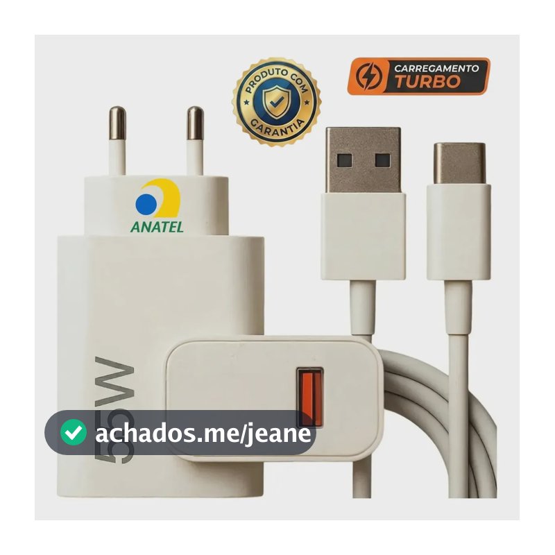 Carregador Turbo 55w USB-C Com Cabo Tipo C 1 Metro Fonte Bivolt 110v/220v, Carregamento Rápido Fast Charge, Ideal Para Celular Android, Compatível Com iPhone Samsung Motorola Xiaomi LG