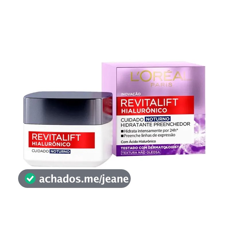 L'Oréal Paris Revitalift Hialurônico Creme Facial Noturno, com Ácido Hialurônico Puro, Com textura leve, preenche linhas de expressão e hidrata a pele intensamente por 24h, 49g