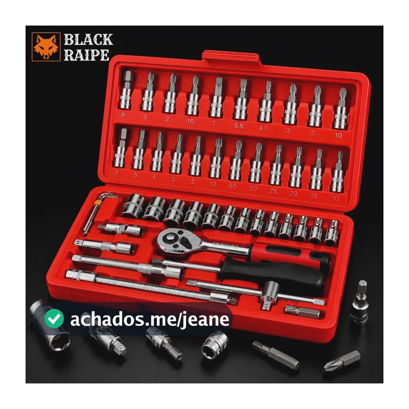 Jogo Chave Canhão Cachimbo Soquete Sextavado com Catraca Reversível 46 Peças Kit Ferramentas Profissional Aço Cromado Bits Torx Allen Phillips Fenda Oficina Mecânica Automotiva Manutenção Black Raipe