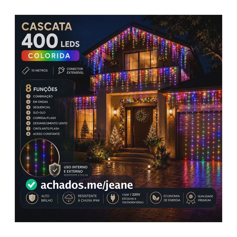 Cascata Natal Com 8 Funções Colorida 400 Leds 10 Metros Extensível Macho Fêmea A Prova D'agua área interna e externa para Casa e Apartamento LARUNO