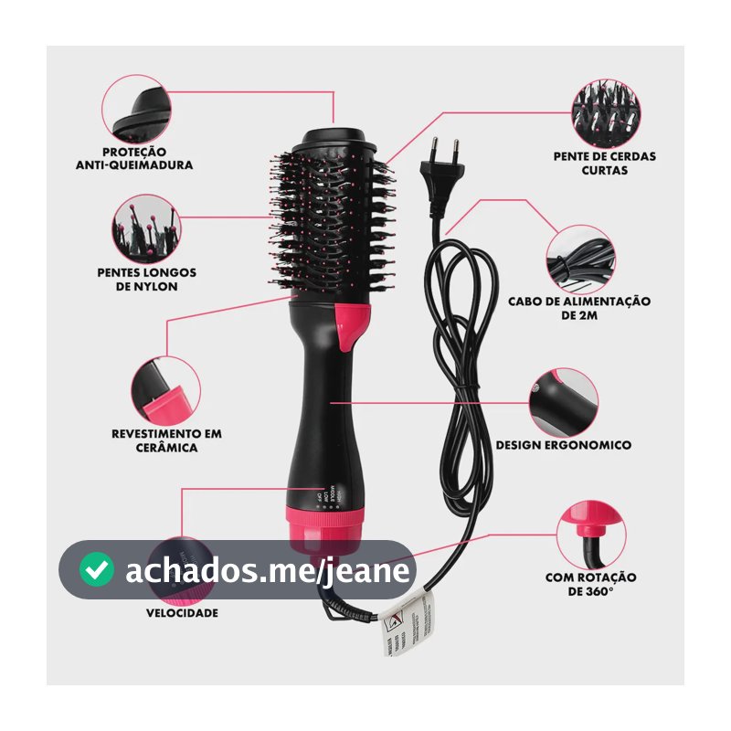 Escova Secadora 3 em 1 Alisadora Modeladora 1000W Preta e Rosa