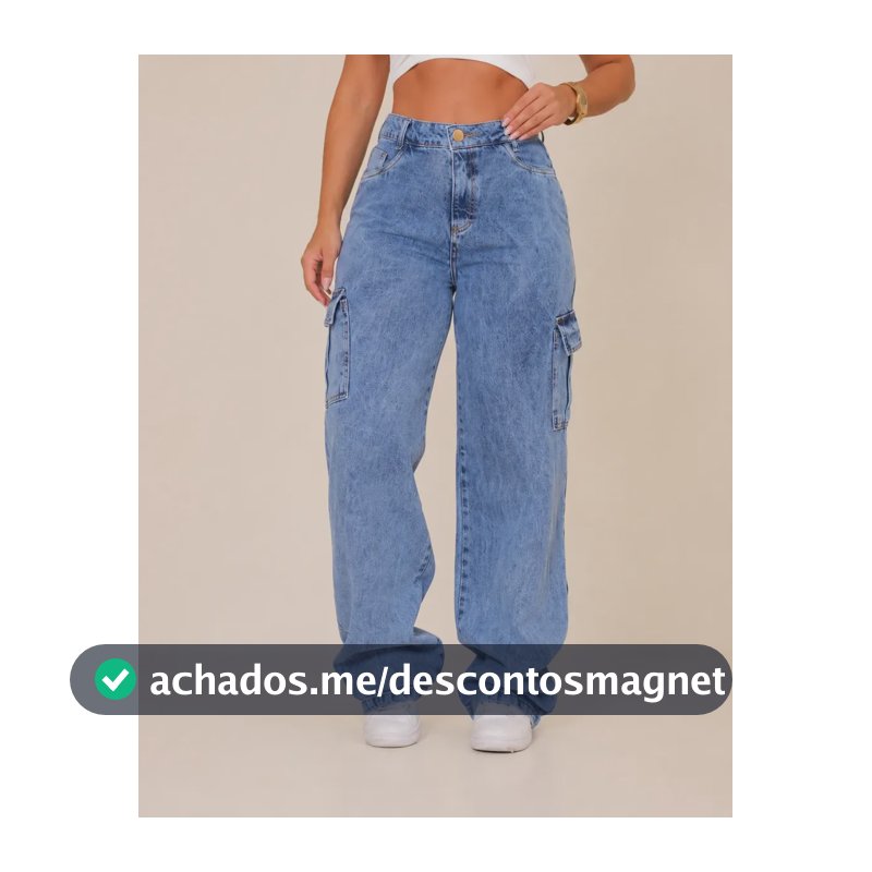 Calça Jeans Feminina Wide Leg Cintura Alta Cargo Pantalona