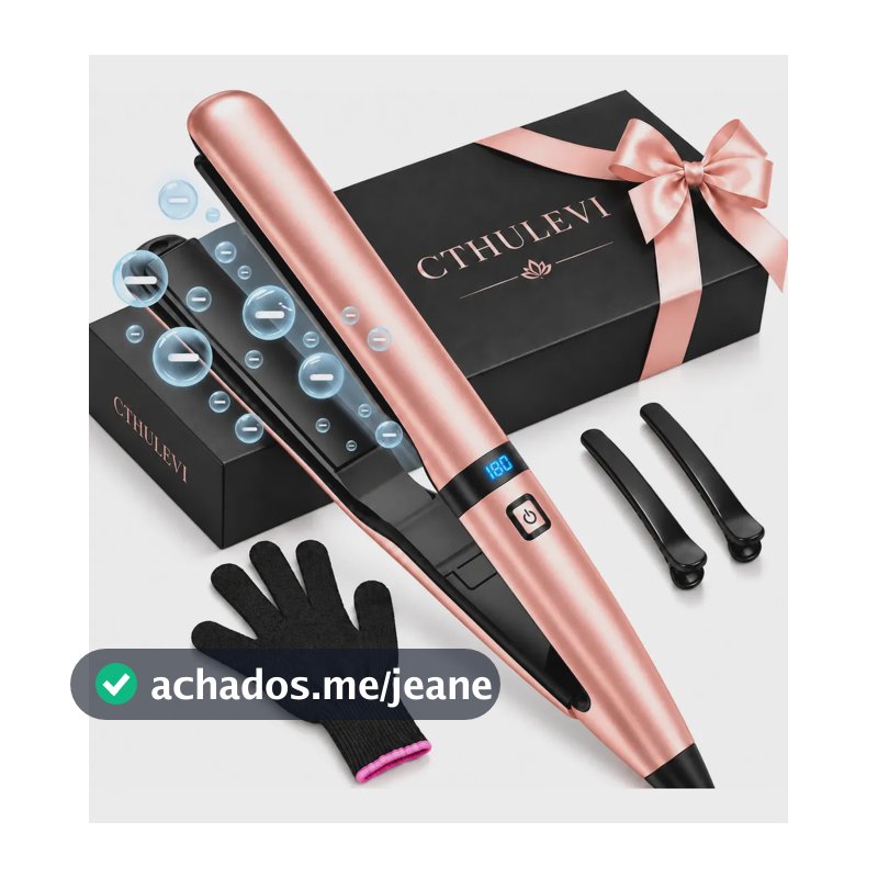 Chapinha Profissional 2 em 1 Prancha de Cabelo Bivolt 230°C Cerâmica com Íons Negativos Display LED Aquecimento Alisadora Rápido 15S Cabo 360° Rosa com Luva e Acessórios