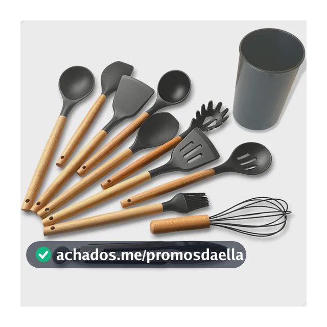 Kit C/12 Utensílios De Cozinha Silicone Cabo Madeira