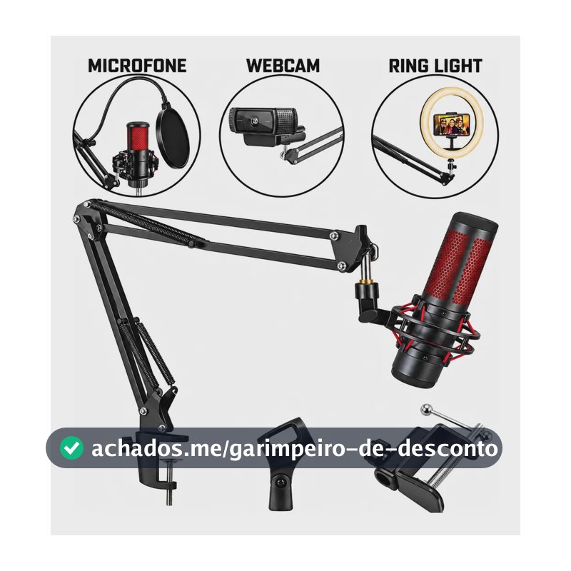 Suporte Braço Articulado + Suporte Celular Ring Light Webcam