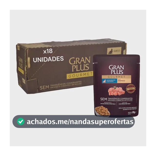 Caixa Ração Úmida Granplus Frango Gatos Castrados 18 Sachês, 85g cada
